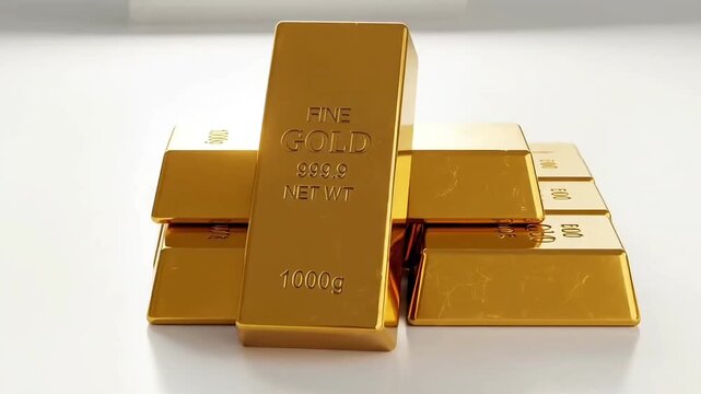 Gold bullion bars with fine gold 9999 net wt 1000g text arranged in realistic scene showing wealth investment finance asset value market economy and enhanced animated motion graphic video footage 