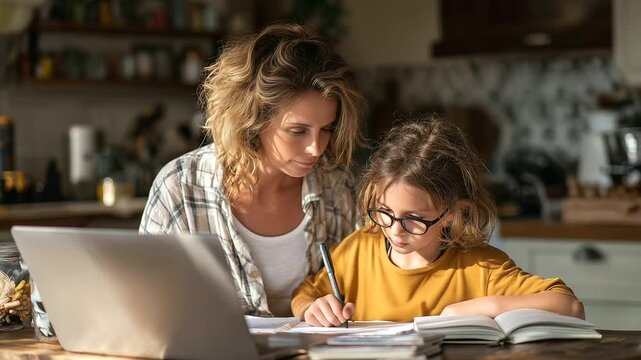 Happy mom helping child with schoolwork using laptop, books open on table in sunny kitchen study routine, supportive parenting, homeschooling life, elementary school