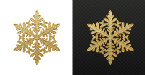Luxurious golden snowflake ornament with textured metallic surface, 3D render isolated Christmas decoration.