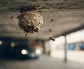 Wasp nest hanging in the upper corner of a garage ceiling