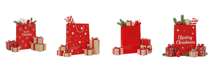 Red Christmas Gift Bags and Stacked Present Boxes Set, Isolated Holiday Element with Oil Paint Texture (PNG)