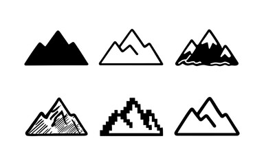 Diverse mountain icons set featuring bold, outlined, scribble, embroidered, pixel, and linear styles