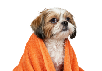 A wet, fluffy shih tzu with light brown & white fur, glistening eyes, wrapped in a vibrant orange towel, looking gently upwards on a white studio background, concept of post-bath comfort and gentle
