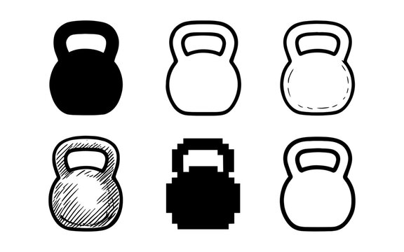 Diverse kettlebell icons: minimalistic, hand drawn, pixel, and more styles