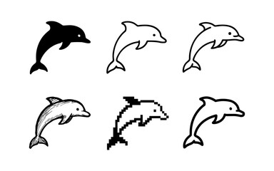Fototapeta premium Diverse dolphin designs: silhouette, outline, sketch, and pixel art styles