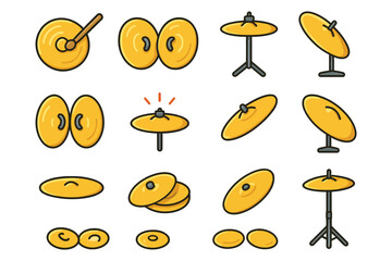 Fototapeta premium Cartoon cymbal collection: variety of percussion instruments in playful style.