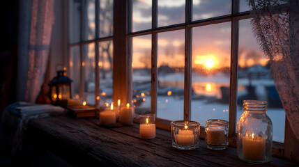 Soft glow of candles by the window during a winter sunset