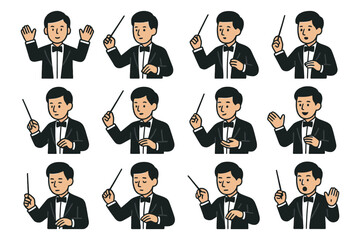 Young asian male conductor illustrations in various poses with baton.