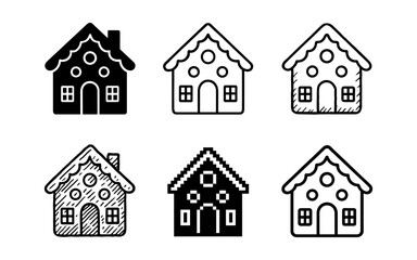 Set of six festive gingerbread house icons in black and white line art and filled style