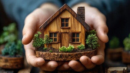 A close-up shot captures a hand delicately holding a tiny wooden house adorned with miniature plants. The scene evokes feelings of nostalgia, warmth, and the charm of a miniature world.