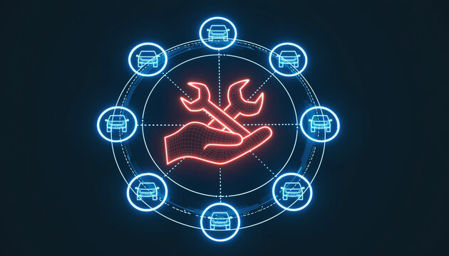Automotive Service and Tech: An illustrated concept of automotive service and technology, featuring a hand holding a wrench, surrounded by cars.