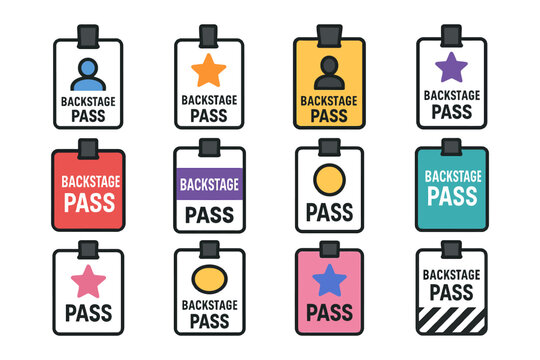 Colorful backstage pass badges with various icons and designs.