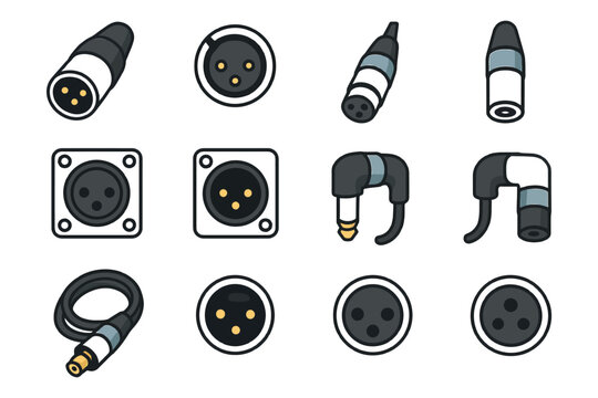 Collection of various audio connectors and cable plugs on white background.