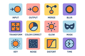 Fototapeta premium Colorful icon set for image and video editing tools including input, output, merge, blur, and more.