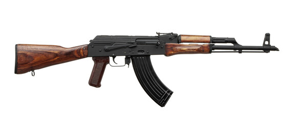 Classic Soviet-style assault rifle with wooden stock and black magazine on white back