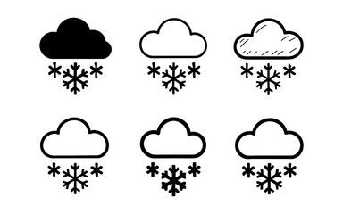 Set of cloud and snowflake icons in various outline styles for weather design