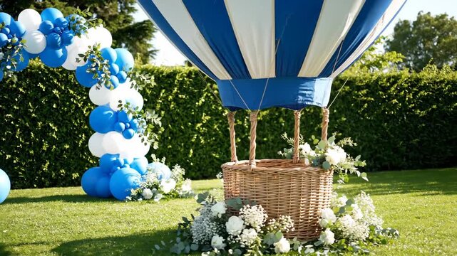 Outdoor garden party decoration with blue and white balloon arch and hot air balloon basket display for celebration event