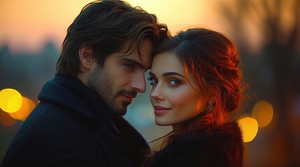 A tender moment between a couple, deeply connected and lost in each other's eyes. They stand close together, sharing a private and intimate gaze.