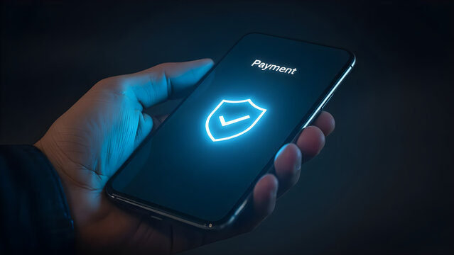 Hand holds smartphone displaying glowing security shield checkmark icon ensuring safe digital payment transaction on dark technology background concept - Powered by Adobe
