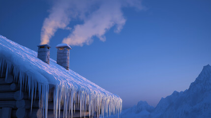 Snow-covered alpine chalet rooftop with icicles shimmering in cold blue twilight, smoke rising gently from chimney