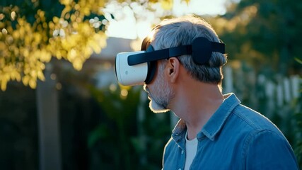 Middle-aged man with a gray beard using a virtual reality headset outdoors in his backyard, interacting with a digital world at sunset - Powered by Adobe