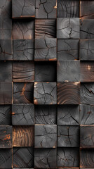 A detailed close-up of warm brown end-grain wooden blocks arranged in a geometric pattern, showing natural cracks, growth rings, and varied depth that creates a strong 3D texture.