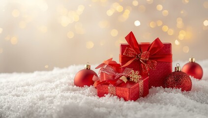 Red Christmas decorations, gift box, present on snow light background. Winter xmas festive celebration theme