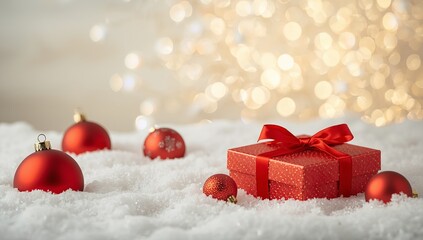 Red Christmas decorations, gift box, present on snow light background. Winter xmas festive celebration theme