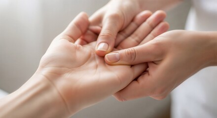 Two hands performing acupuncture therapy in wellness clinic. Close-up of a hand receiving a soothing massage, highlighting fingers and palm relaxation. 