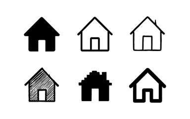 Set of minimalist house icons in various black styles and shapes