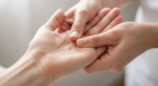 Two hands performing acupuncture therapy in wellness clinic. Close-up of a hand receiving a soothing massage, highlighting fingers and palm relaxation.  