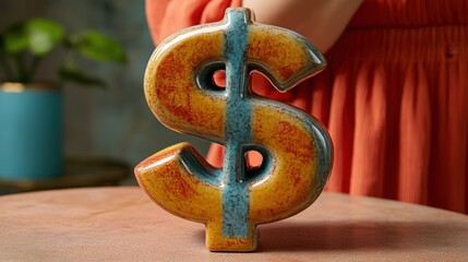 A vibrant ceramic dollar sign with a blue stripe rests on a linen tablecloth, creating a visually appealing still life. The background is intentionally blurred, drawing focus to the sign itself.