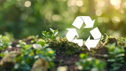 Green leaves and moss forming an animated recycling symbol in a lush forest environment. Concept of nature conservation and sustainability