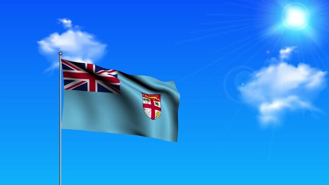 Realistic Standing Vertical FIJI Wavy Flag on Metallic Pole with Loop Animation