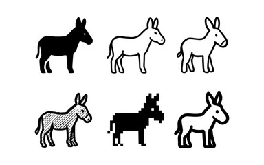 Fototapeta premium Set of donkey icons in various styles: silhouette, outline, doodle, pixel, and more