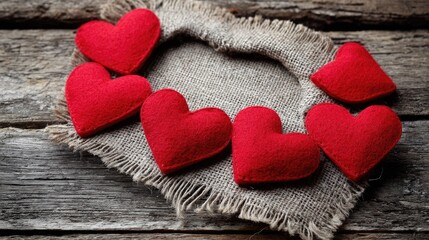 Several small red felt hearts rest upon coarse burlap fabric atop weathered wooden planks