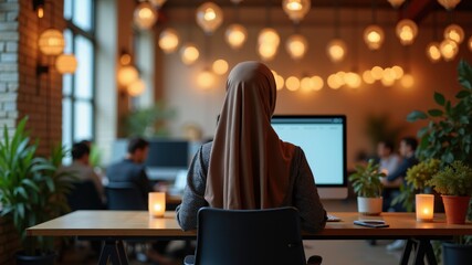 Lifestyle & Details: Back view of a Muslim woman working at a standing desk in a creative agency. The office common area is decorated with lanterns and twinkling lights for the holy occasion.