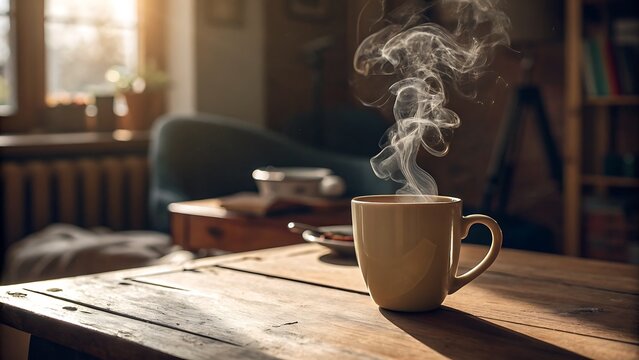Cozy warm coffee mug with rising steam in a rustic home setting