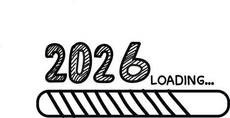 A hand-drawn illustration depicts the year 2026 with a loading bar indicating progress towards its arrival.