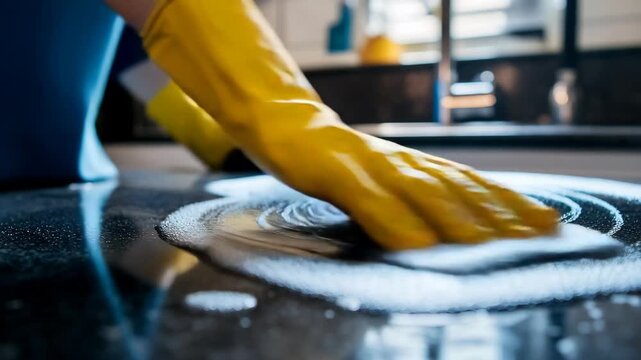 Close-up of a house cleaner's hands wearing yellow protective gloves and wiping a shiny black kitchen surface with a soapy sponge