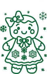 A whimsical hand-drawn illustration of a gingerbread girl wearing a dress adorned with snowflakes and a bow, surrounded by festive snowflakes.