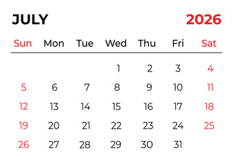 July 2026 Monthly Calendar Template | Red and Black Monday Start Printable Planner