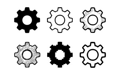 Gear set collection: hand drawn and solid styles for engineering and design projects
