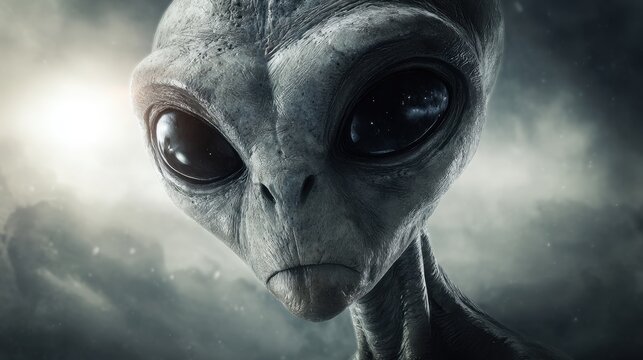 A remarkable extraterrestrial figure gazes intently from a surreal cosmic backdrop of stars.