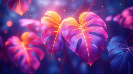 A digital artwork showcasing vibrant flora through an abstract representation. Features a gradient of pink to purple hues applied to stylized leaves, creating a visually impactful design.