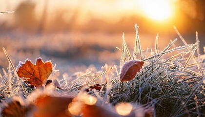 Macro Shot Of Frost And Ice Crystals On Autumn Leaves And Grass In Golden Morning Light