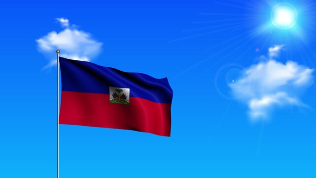Realistic Standing Vertical HAITI Wavy Flag on Metallic Pole with Loop Animation