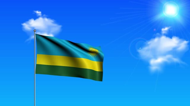 Realistic Standing Vertical RWANDA Wavy Flag on Metallic Pole with Loop Animation