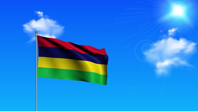 Realistic Standing Vertical MAURITIUS Wavy Flag on Metallic Pole with Loop Animation