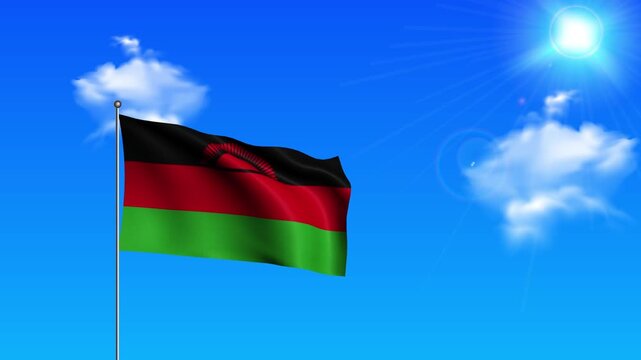 Realistic Standing Vertical MALAWI Wavy Flag on Metallic Pole with Loop Animation